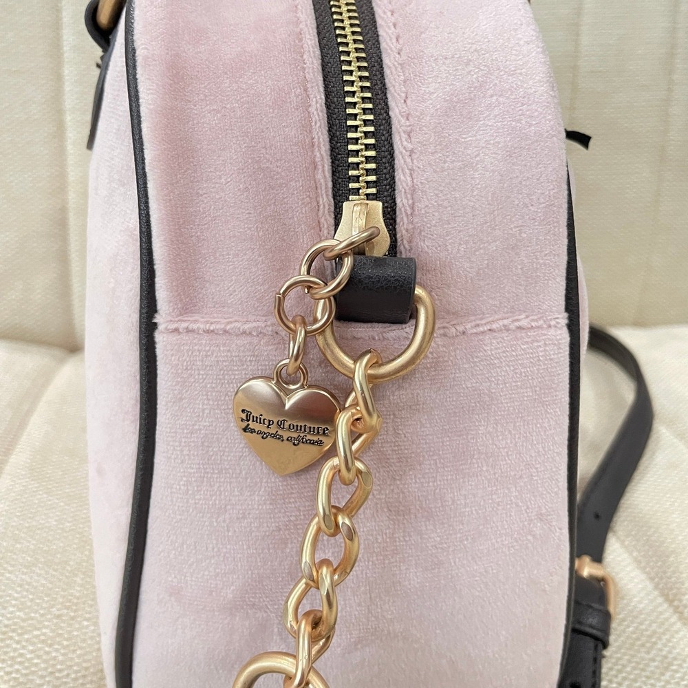 NEW Juicy Couture Pink Velour Satchel Bowler Bag Brown Trim Crossbody Heart - Picture 5 of 8